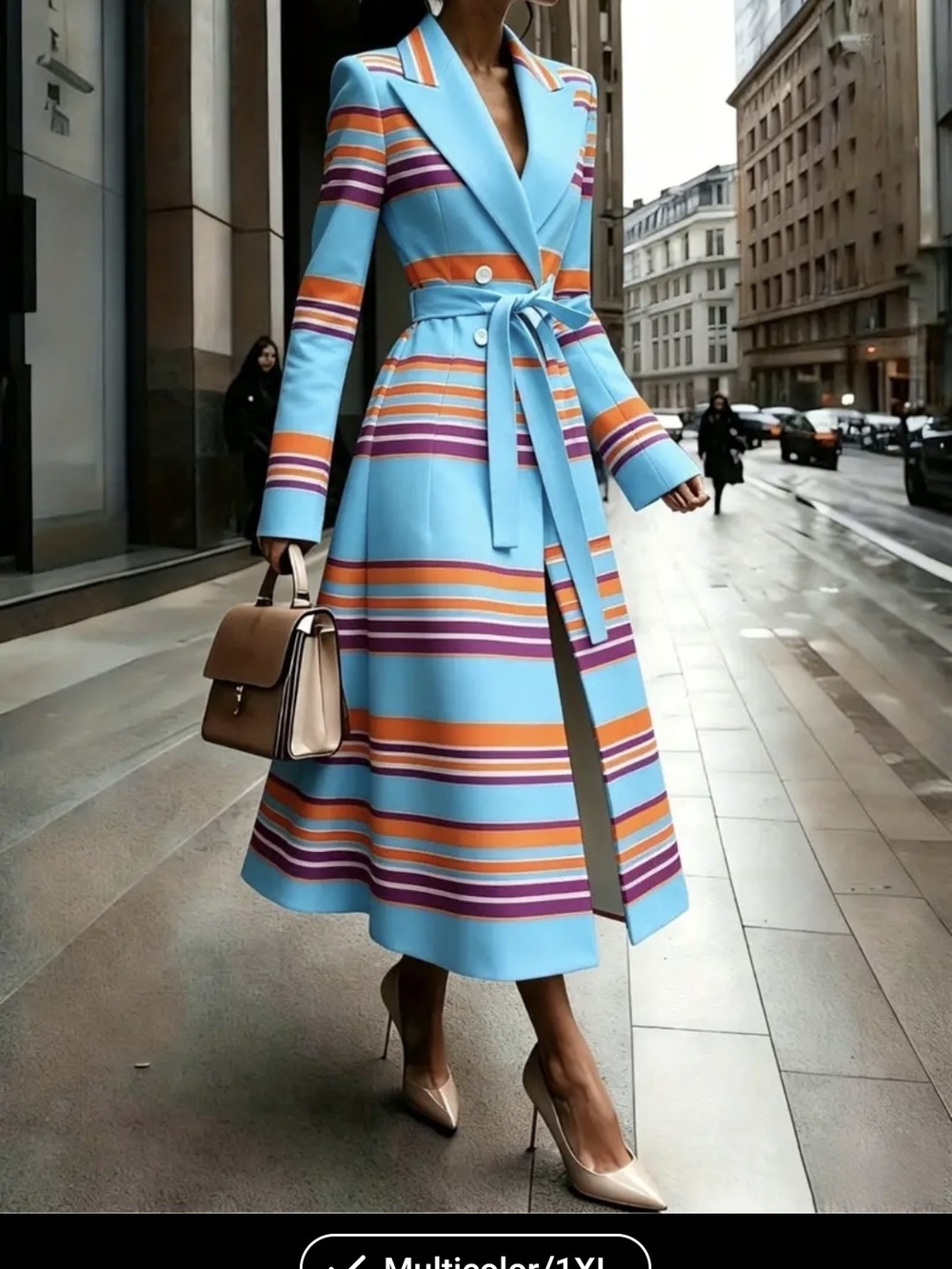 Striped Blue Maxi Trench Jacket with Self-Tie Belt